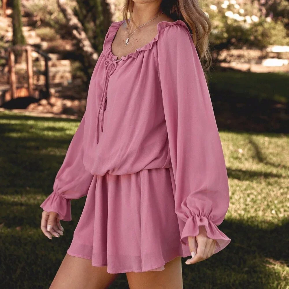 Dusty Pink Boho Women's Scoop Neck Lace Chiffon Mini Dress